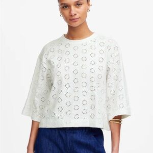 Madewell White Eyelet Embroidered Boxy 3/4 Sleeve Top SZ Medium